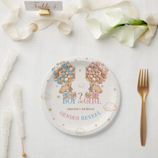 Bear Balloons Pink Blue Boho Gender Reveal Paper Plates (Wedding)