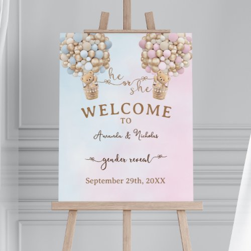 Bear balloons pink blue gender reveal welcome sign