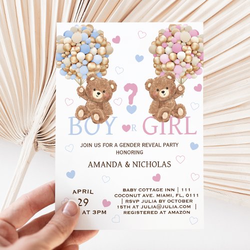 Bear Balloons Pink Blue Hearts Gender Reveal Boho Invitation