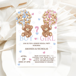 Bear Balloons Pink Blue Hearts Gender Reveal Boho Invitation