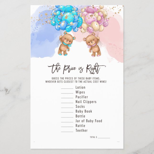  Bear Balloons  Right Price, Gender Reveal Game Flyer (Front)