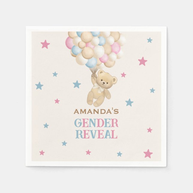 Bear balloons & Stars Pink Blue Gender Reveal Napkins (Front)