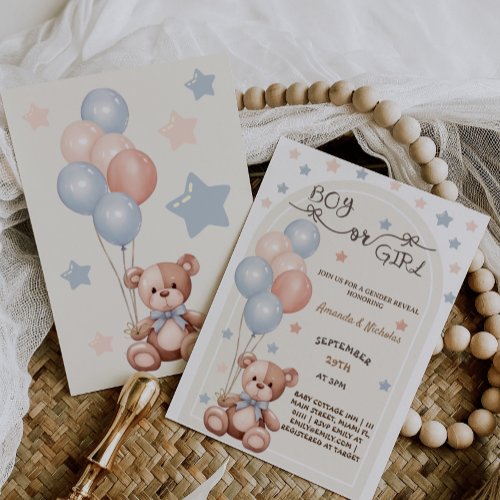 Bear Balloons Vintage Cute Boy Girl Gender Reveal Invitation