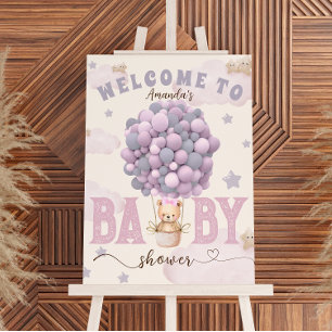 Bear Balloons Violet Pink Baby Shower Welcome Sign