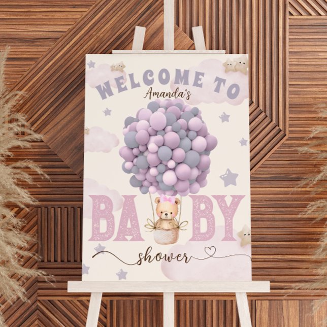 Bear Balloons Violet Pink Baby Shower Welcome Sign (Creator Uploaded)