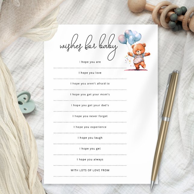 Bear Balloons Wishes for Baby Shower Game Card (available as a printable digital download or printed)