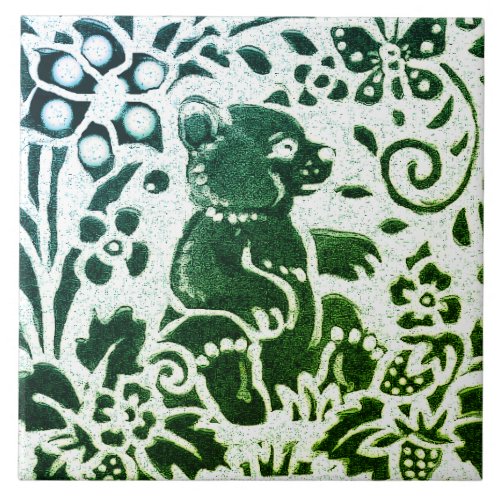Bear Batik Modern Green Blue Floral Woodland Art Ceramic Tile