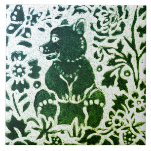 Bear Batik Modern Green Blue Floral Woodland Ceramic Tile