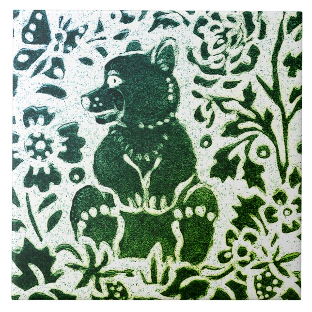 Bear Batik Modern Green Blue Floral Woodland Ceramic Tile (Front)