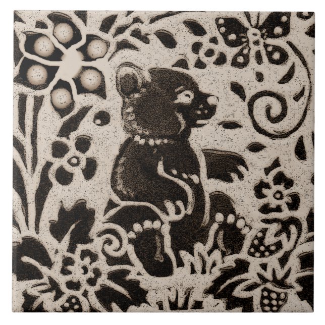 Bear Batik Stoneware Woodland Animal Tan Gray Ceramic Tile (Front)