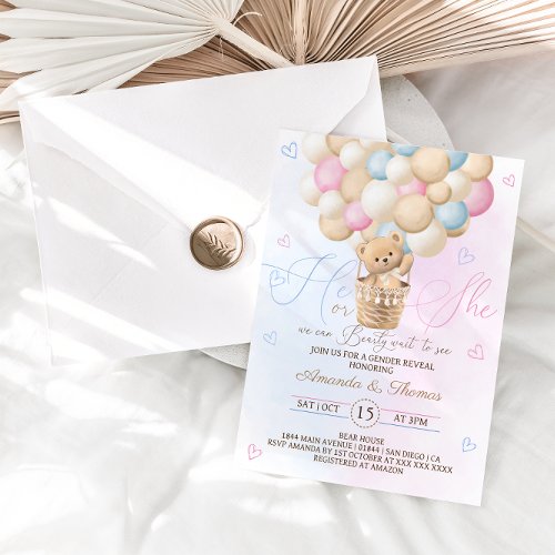 Bear Bearly Wait Elegant Pink Blue Gender Reveal  Invitation