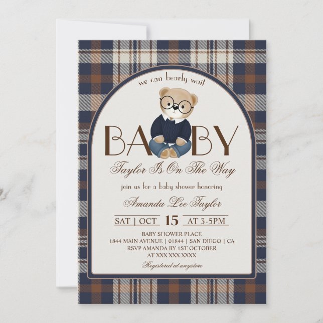 Bear Bearly Wait Luxury Boy Baby Shower Invitation (Front)
