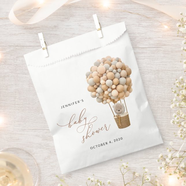 Bear, Beige Balloons, Hot Air Balloon, Baby Shower Favor Bag (Clipped)