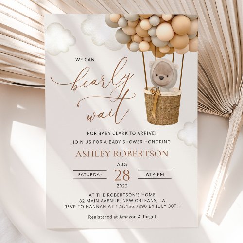 Bear Beige Balloons Hot Air Balloon Baby Shower Invitation