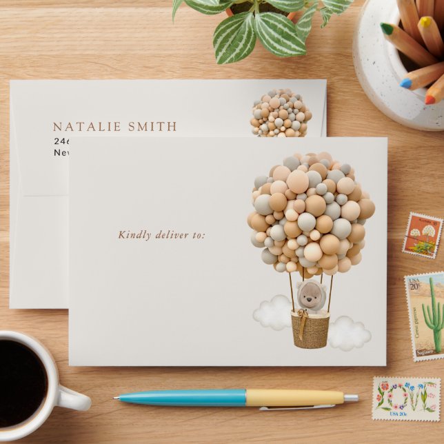 Bear, Beige Balloons, Hot Air Balloon, Birthday Envelope (Desk)