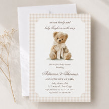 Bear Beige Neutral Gingham Baby Shower