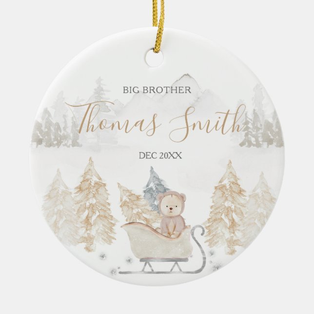 Bear Big Brother Winter Woodland Mountain Ceramic  Ornament (Front)