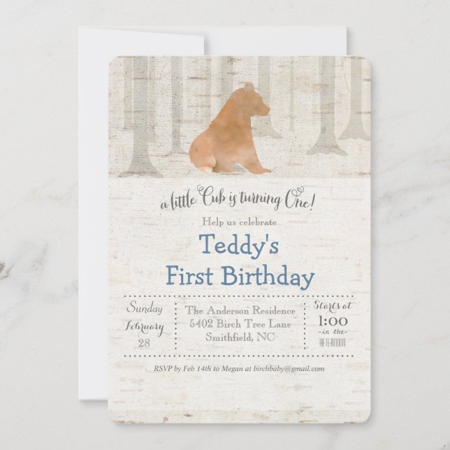 Bear Birch First 1st Birthday Invitation (Front)