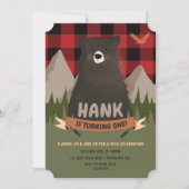 Bear Birthday Invitation, Lumberjack plaid invite (Front)