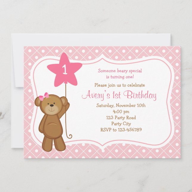 Bear Birthday Invitations - Girl 1st Birthday (Front)