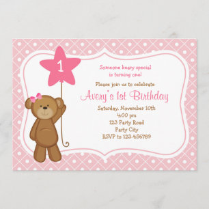 Bear Birthday Invitations - Girl 1st Birthday