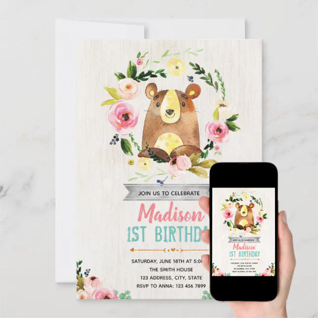 Bear birthday party invitation | Zazzle