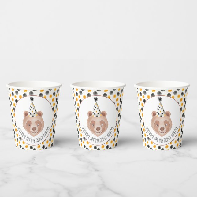 Bear Birthday Party Paper Cups – Watercolor Teddy  (Multi)