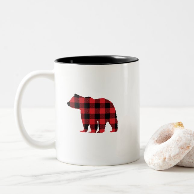 Bear Black Silhouette Buffalo Check Two-Tone Coffee Mug (With Donut)