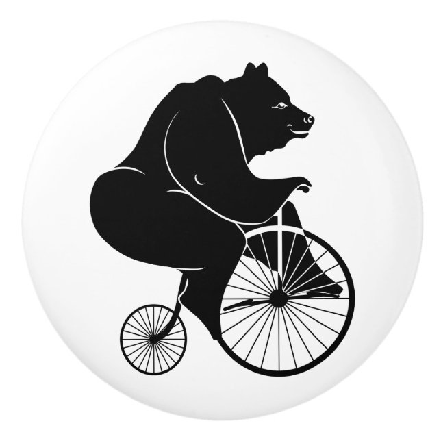 Bear Black Silhouette Riding a Bike Ceramic Knob (Front)