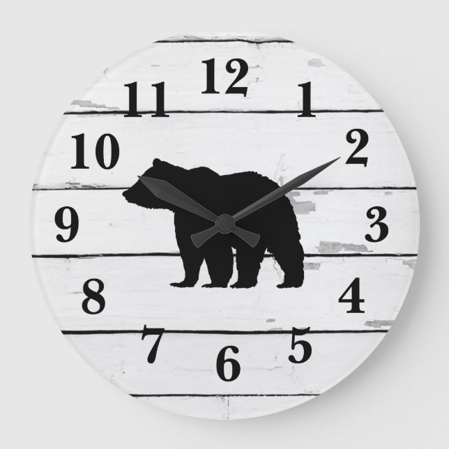 Bear Black Silhouette Shiplap Rustic Decor Large Clock (Front)
