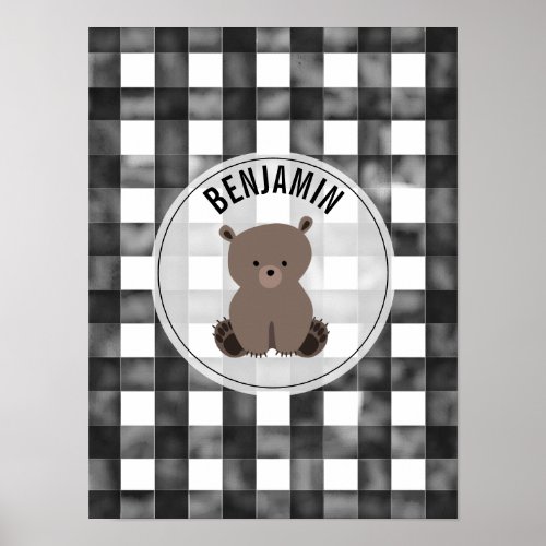 Bear Black  White Gingham Baby Nursery Poster