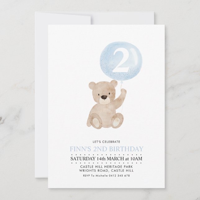 Bear Blue Balloon 2nd Birthday Invitation (Front)