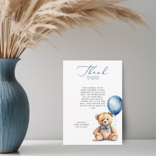 Bear Blue Balloon Baby Shower Thank You Card