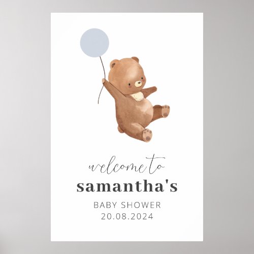 Bear Blue Balloon Baby Shower Welcome Sign
