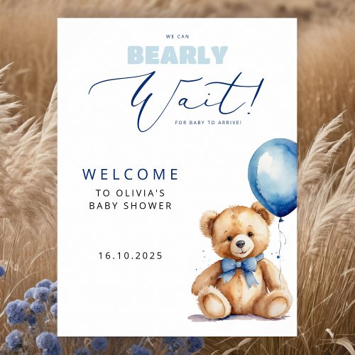 Bear Blue Balloon Boy Baby Shower Welcome Poster