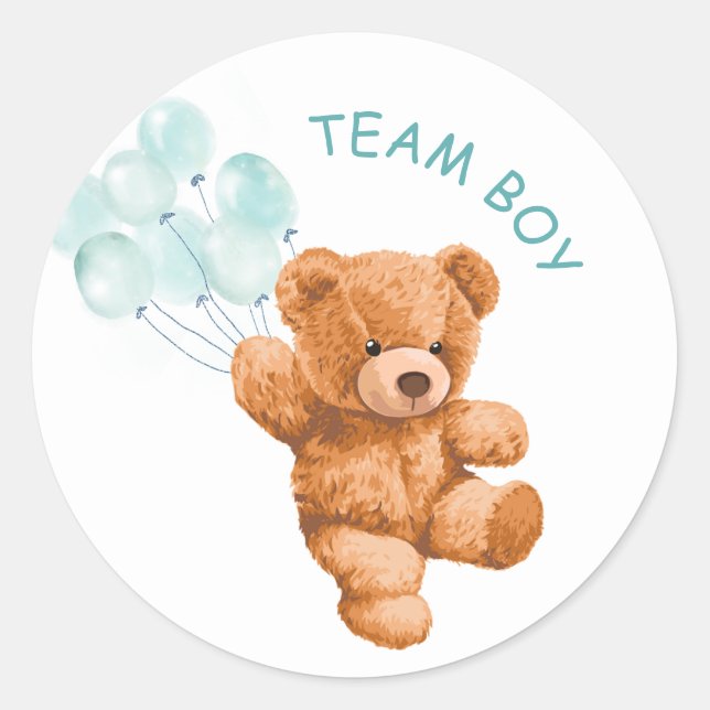 Bear Blue Balloon TEAM BOY Gender Reveal Game Classic Round Sticker (Front)