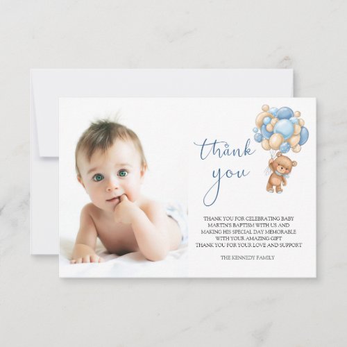 Bear Blue Balloons Baby Photo Thank You Card