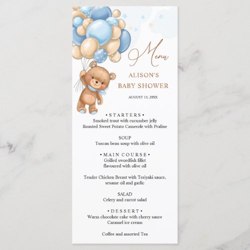 Bear Blue Balloons Baby Shower Menu