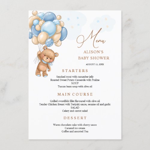 Bear Blue Balloons Baby Shower Menu