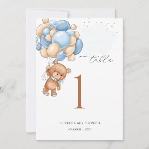 Bear Blue Balloons Baby Shower Table Number 5 x 7