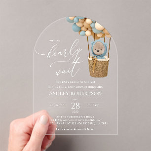 Bear, Blue Balloons, Hot Air Balloon, Baby Shower Acrylic Invitations