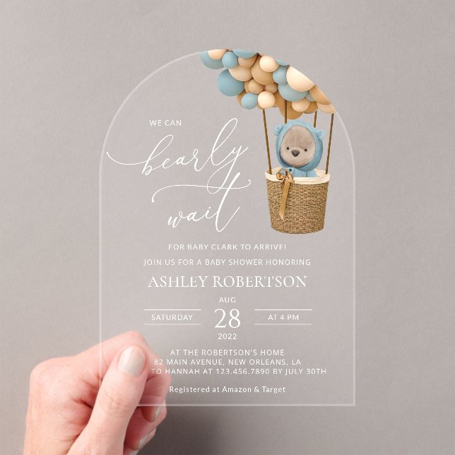 Bear, Blue Balloons, Hot Air Balloon, Baby Shower Acrylic Invitations (Insitu (Handheld))
