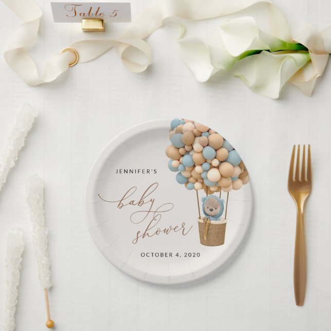 Bear, Blue Balloons, Hot Air Balloon, Baby Shower Paper Plates (Wedding)