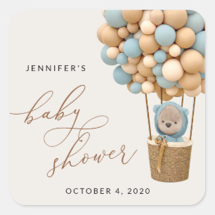 Bear, Blue Balloons, Hot Air Balloon, Baby Shower Square Sticker