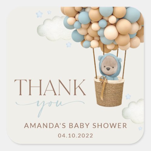 Bear Blue Balloons Hot Air Balloon Baby Shower Square Sticker