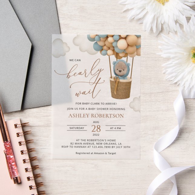 Bear, Blue Balloons, Hot Air Balloon, Baby Shower Vellum Invitations (Wedding)