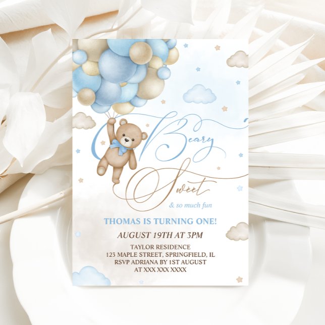 Bear Blue Boy 1st Birthday Invitation (Creator Uploaded)