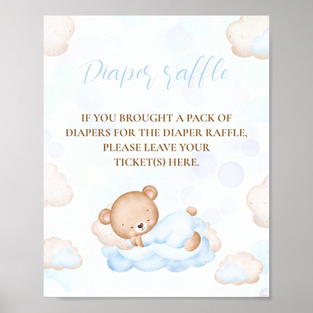 Bear Blue Boy Baby Shower Diaper Raffle Sign (Front)