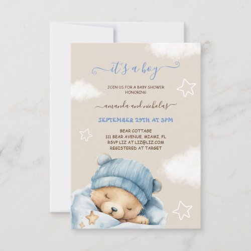 Bear Blue Boy Baby Shower Minimalist  Invitation