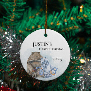 Bear Blue Boy Clothes Watercolor First Christmas Ceramic Ornament